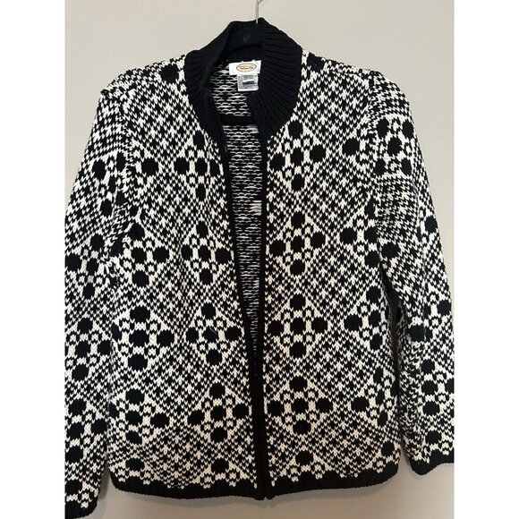 Talbots Cardigan Women Medium Black White Fair Isle Zip Up 100% Cotton Sweater - Picture 3 of 7